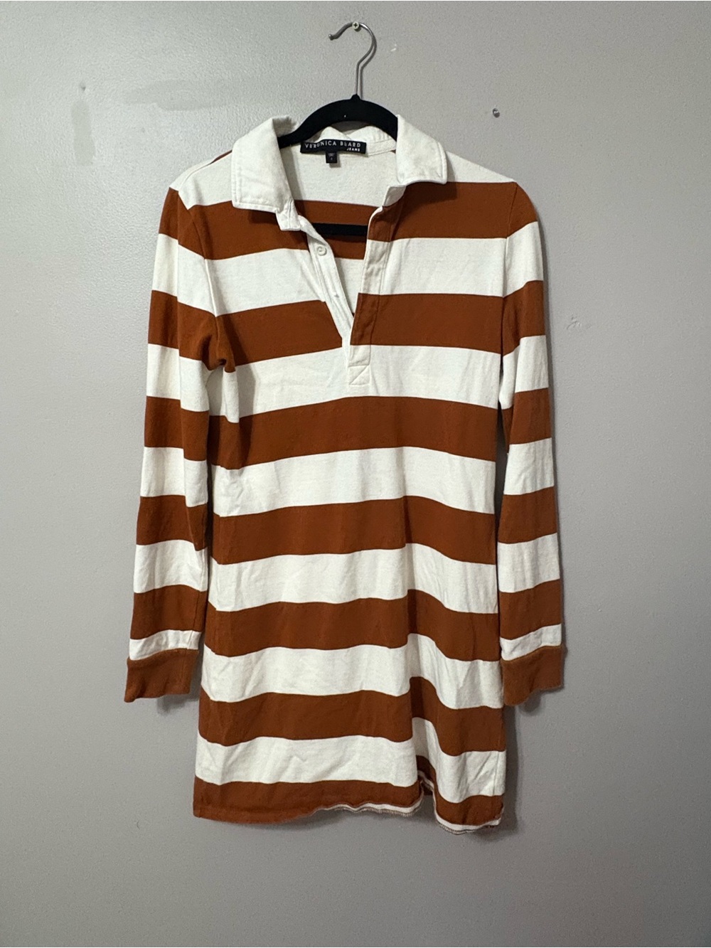 Veronica Beard White & Rust Striped Long-Sleeve Polo Dress